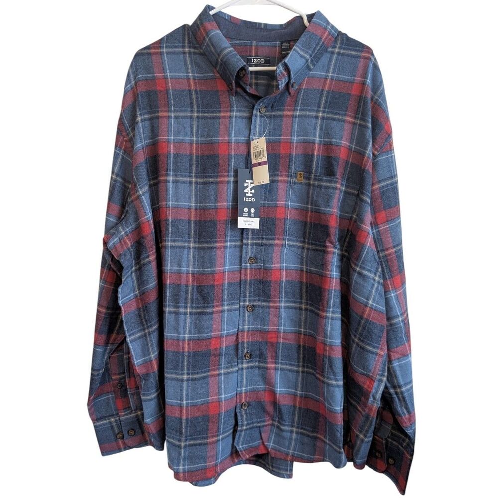 Izod Stratton Flannel Long Sleeve Button Shirt Mens 2XB Big & Tall Blue Red NEW